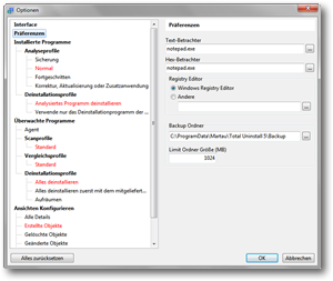 Total Uninstall - Optionen