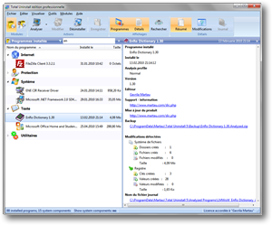 Total Uninstall - résumé des programmes installés
